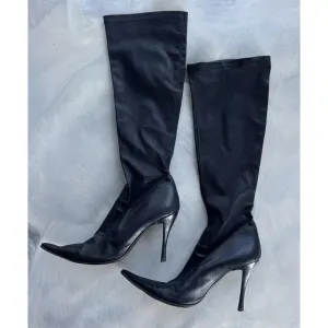 STRATEGIA Italy Stretch Lambskin Leather Pointy Toe Knee High Boots Size 39 /8.5