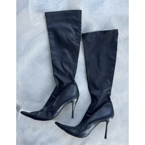STRATEGIA Italy Stretch Lambskin Leather Pointy Toe Knee High Boots Size 39 /8.5