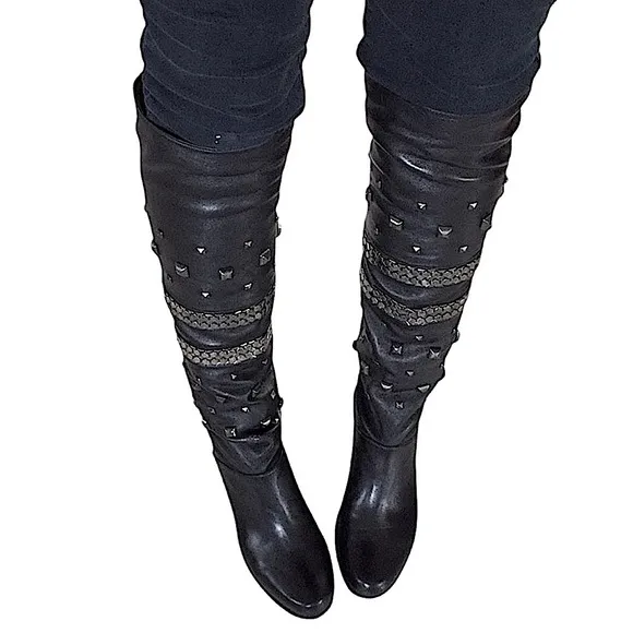 Stuart Weitzman Black Leather Over-the-Knee Silver Studded Boots
