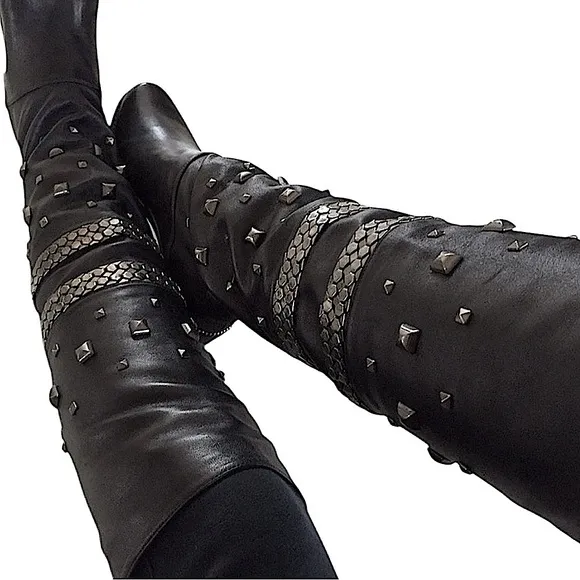 Stuart Weitzman Black Leather Over-the-Knee Silver Studded Boots