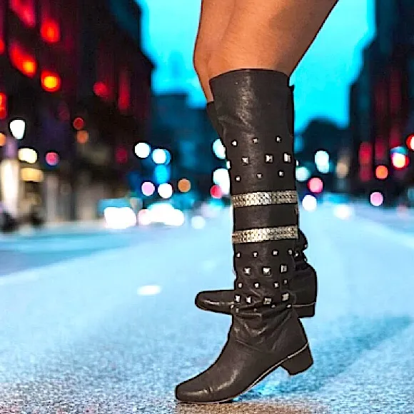 Stuart Weitzman Black Leather Over-the-Knee Silver Studded Boots