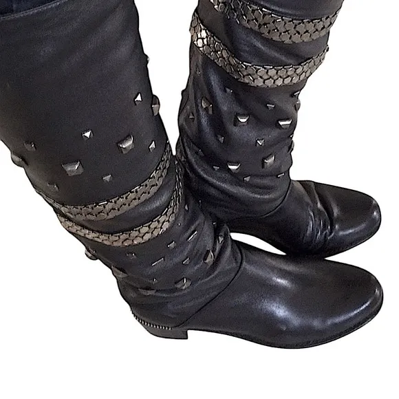 Stuart Weitzman Black Leather Over-the-Knee Silver Studded Boots