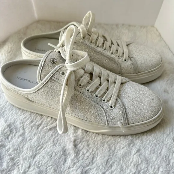 Stuart Weitzman Glitter Sneakers Mules Slip On Shoes Casual White Size 8.5 NEW