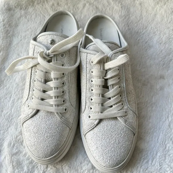 Stuart Weitzman Glitter Sneakers Mules Slip On Shoes Casual White Size 8.5 NEW