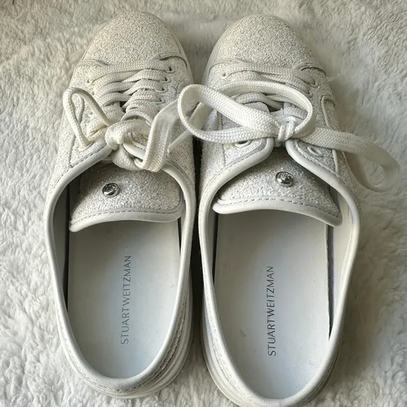 Stuart Weitzman Glitter Sneakers Mules Slip On Shoes Casual White Size 8.5 NEW