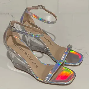 Stuart Weitzman Iridescent Clear Nudist Lucite Leather Wedge Sandal Size 6 New