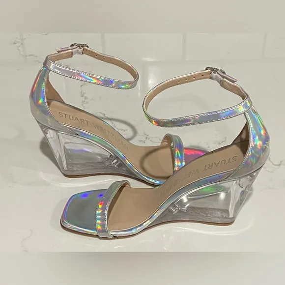 Stuart Weitzman Iridescent Clear Nudist Lucite Leather Wedge Sandal Size 6 New