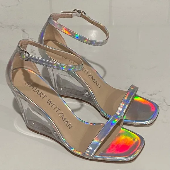 Stuart Weitzman Iridescent Clear Nudist Lucite Leather Wedge Sandal Size 6 New