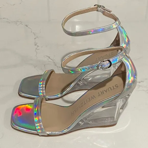 Stuart Weitzman Iridescent Clear Nudist Lucite Leather Wedge Sandal Size 6 New