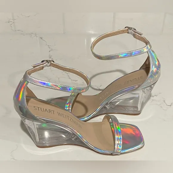 Stuart Weitzman Iridescent Clear Nudist Lucite Leather Wedge Sandal Size 6 New