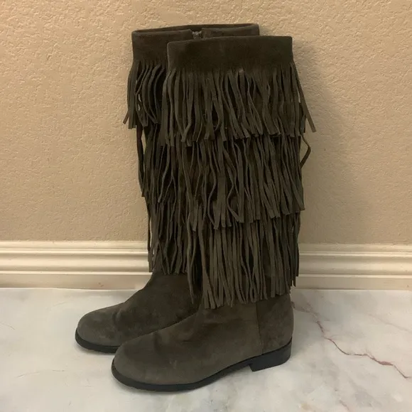 Stuart weitzman zippered knee high boots suede swinglow fringe boots size 6M