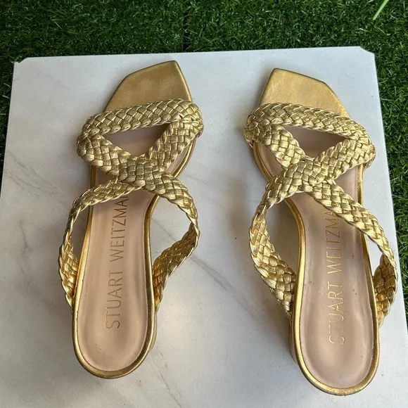 STUART WEITZMANRosie Block Heel Slide Sandal - Gold size 5