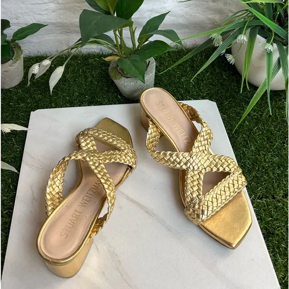 STUART WEITZMANRosie Block Heel Slide Sandal - Gold size 5