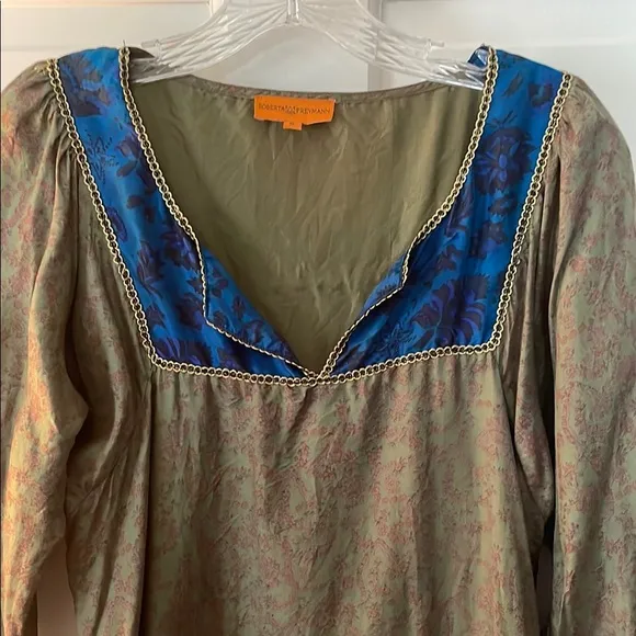 Stunning sexy silk Roberta Roller Rabbit Bohemian gold braid trim dress S