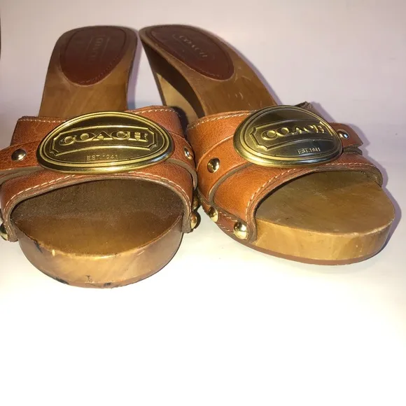 Sz 6.5 Coach Addisyn Cognac Leather Wood Clog Sandals