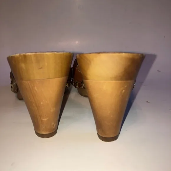 Sz 6.5 Coach Addisyn Cognac Leather Wood Clog Sandals