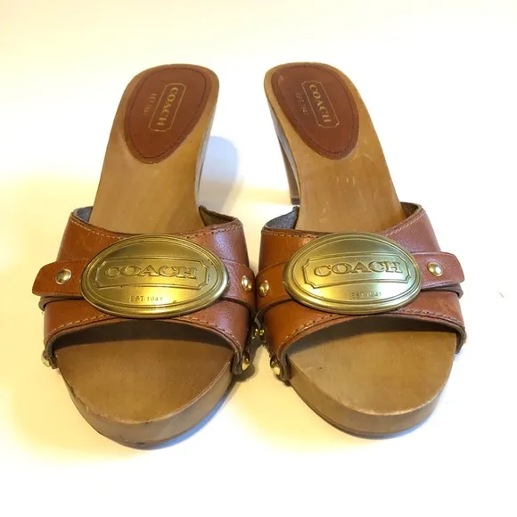 Sz 6.5 Coach Addisyn Cognac Leather Wood Clog Sandals