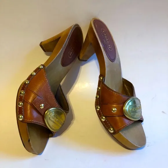Sz 6.5 Coach Addisyn Cognac Leather Wood Clog Sandals