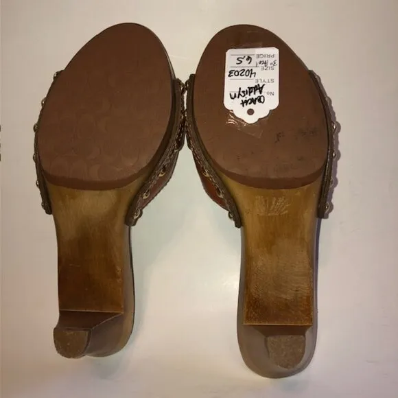 Sz 6.5 Coach Addisyn Cognac Leather Wood Clog Sandals