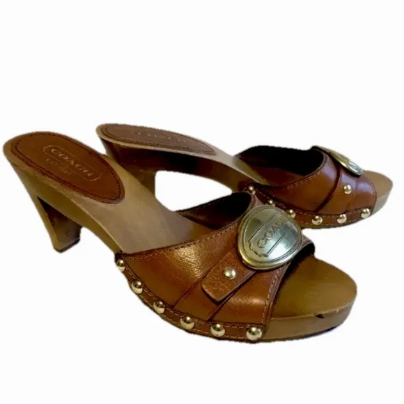 Sz 6.5 Coach Addisyn Cognac Leather Wood Clog Sandals