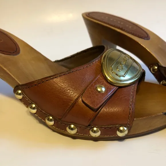 Sz 6.5 Coach Addisyn Cognac Leather Wood Clog Sandals