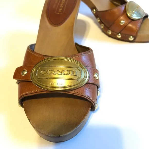 Sz 6.5 Coach Addisyn Cognac Leather Wood Clog Sandals