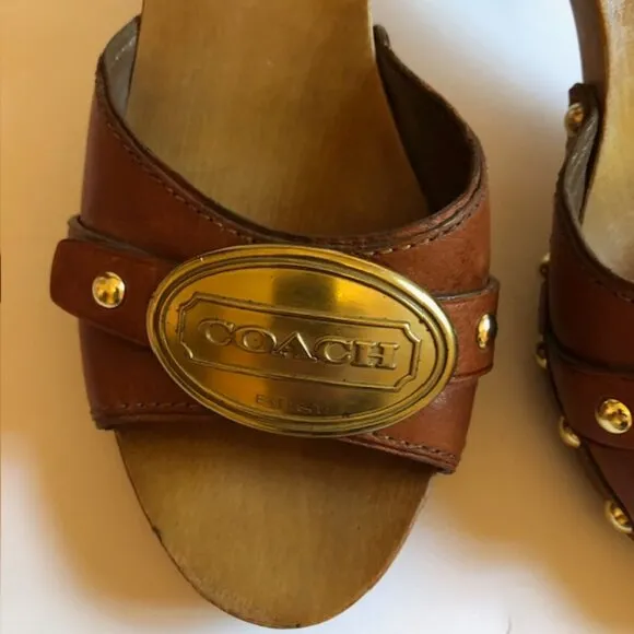 Sz 6.5 Coach Addisyn Cognac Leather Wood Clog Sandals