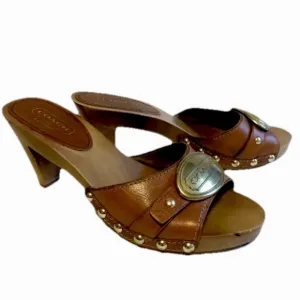 Sz 6.5 Coach Addisyn Cognac Leather Wood Clog Sandals