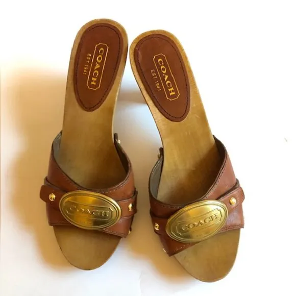 Sz 6.5 Coach Addisyn Cognac Leather Wood Clog Sandals