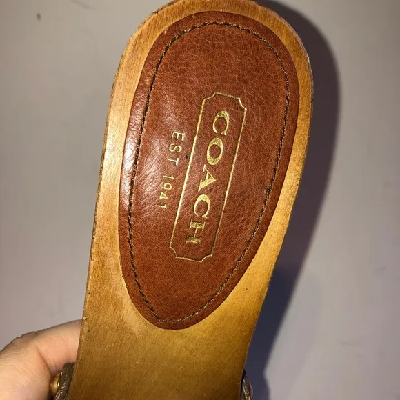 Sz 6.5 Coach Addisyn Cognac Leather Wood Clog Sandals