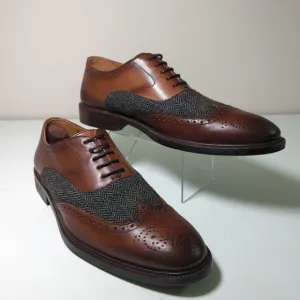 TAFT Beck Wingtip Dress Shoes in Brown Leather And Gray Tweed 41-US8 Made Spain