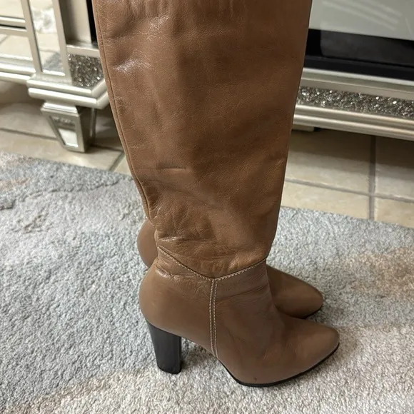 Tan Heeled Knee-High Boots with Pointed Toe, 9