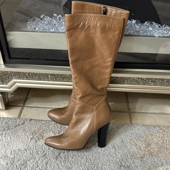 Tan Heeled Knee-High Boots with Pointed Toe, 9
