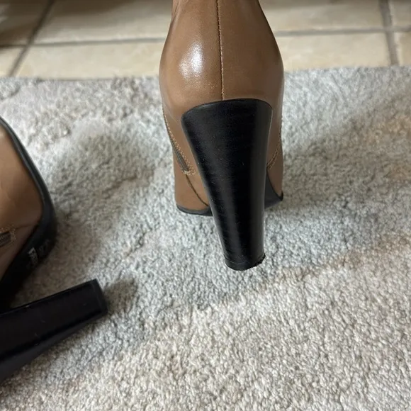 Tan Heeled Knee-High Boots with Pointed Toe, 9