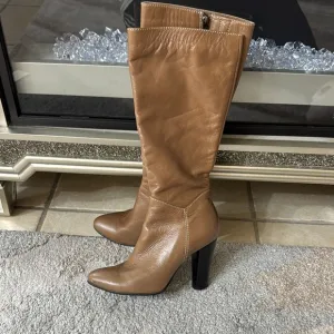Tan Heeled Knee-High Boots with Pointed Toe, 9