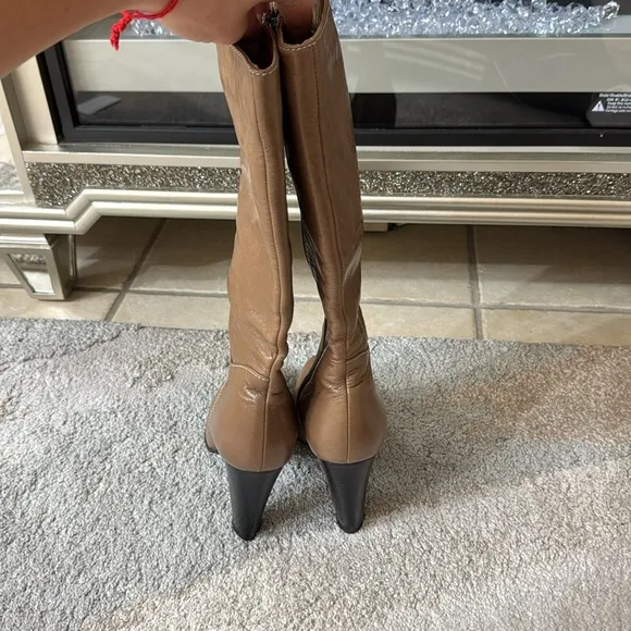 Tan Heeled Knee-High Boots with Pointed Toe, 9
