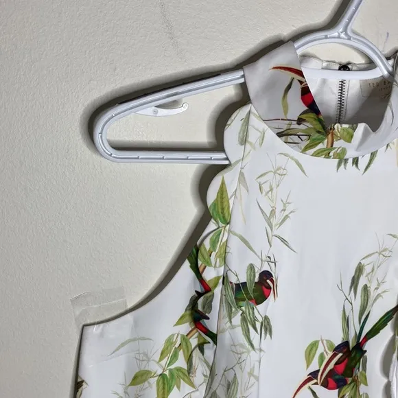 Ted Baker Toriat Tutti Frutti Scallop trimmed mini dress with bird print US sz 8