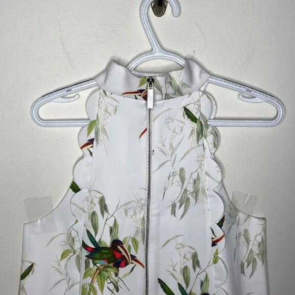 Ted Baker Toriat Tutti Frutti Scallop trimmed mini dress with bird print US sz 8