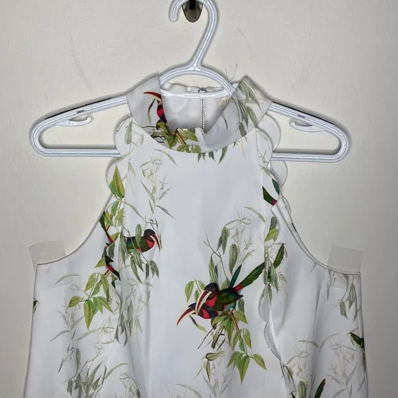 Ted Baker Toriat Tutti Frutti Scallop trimmed mini dress with bird print US sz 8