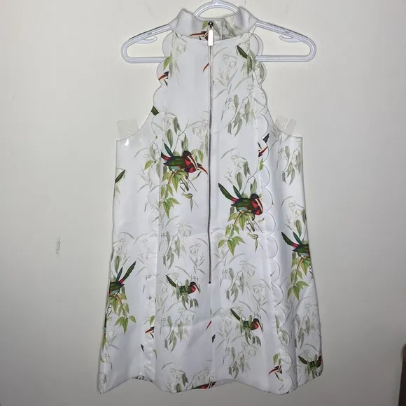 Ted Baker Toriat Tutti Frutti Scallop trimmed mini dress with bird print US sz 8