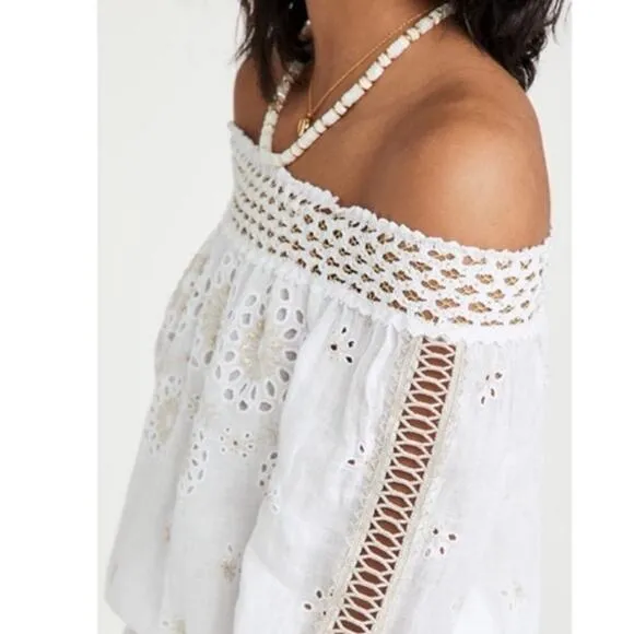 Temptation Positano Irlanda White Smocked Eyelet 100% Linen Mini Dress