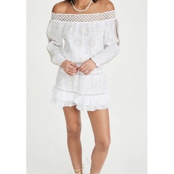 Temptation Positano Irlanda White Smocked Eyelet 100% Linen Mini Dress