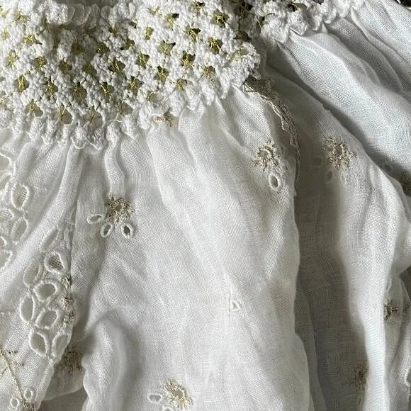 Temptation Positano Irlanda White Smocked Eyelet 100% Linen Mini Dress