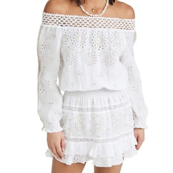 Temptation Positano Irlanda White Smocked Eyelet 100% Linen Mini Dress