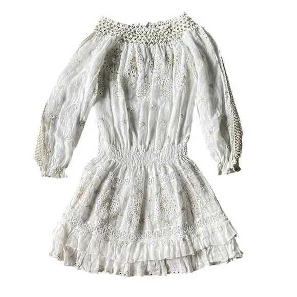 Temptation Positano Irlanda White Smocked Eyelet 100% Linen Mini Dress