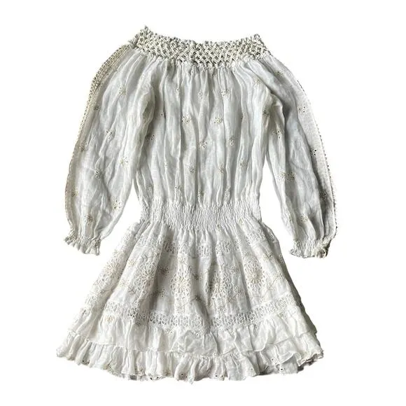 Temptation Positano Irlanda White Smocked Eyelet 100% Linen Mini Dress