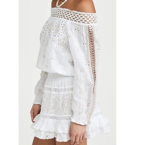 Temptation Positano Irlanda White Smocked Eyelet 100% Linen Mini Dress