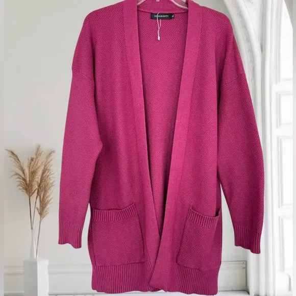 Textured Bouclé Cardigan Sweater Thick All Season Knit Pink Plum Magenta Size XL