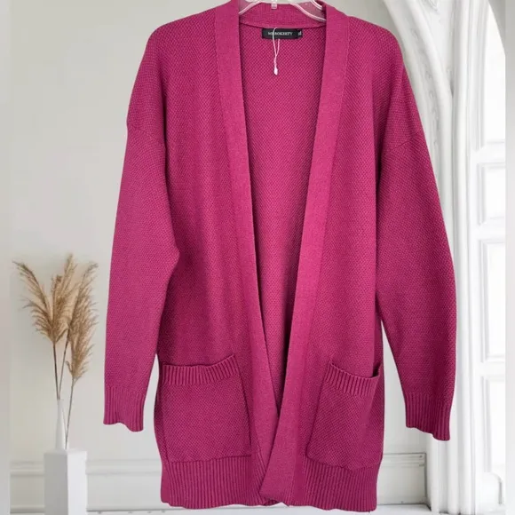 Textured Bouclé Cardigan Sweater Thick All Season Knit Pink Plum Magenta Size XL