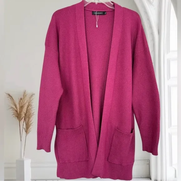 Textured Bouclé Cardigan Sweater Thick All Season Knit Pink Plum Magenta Size XL